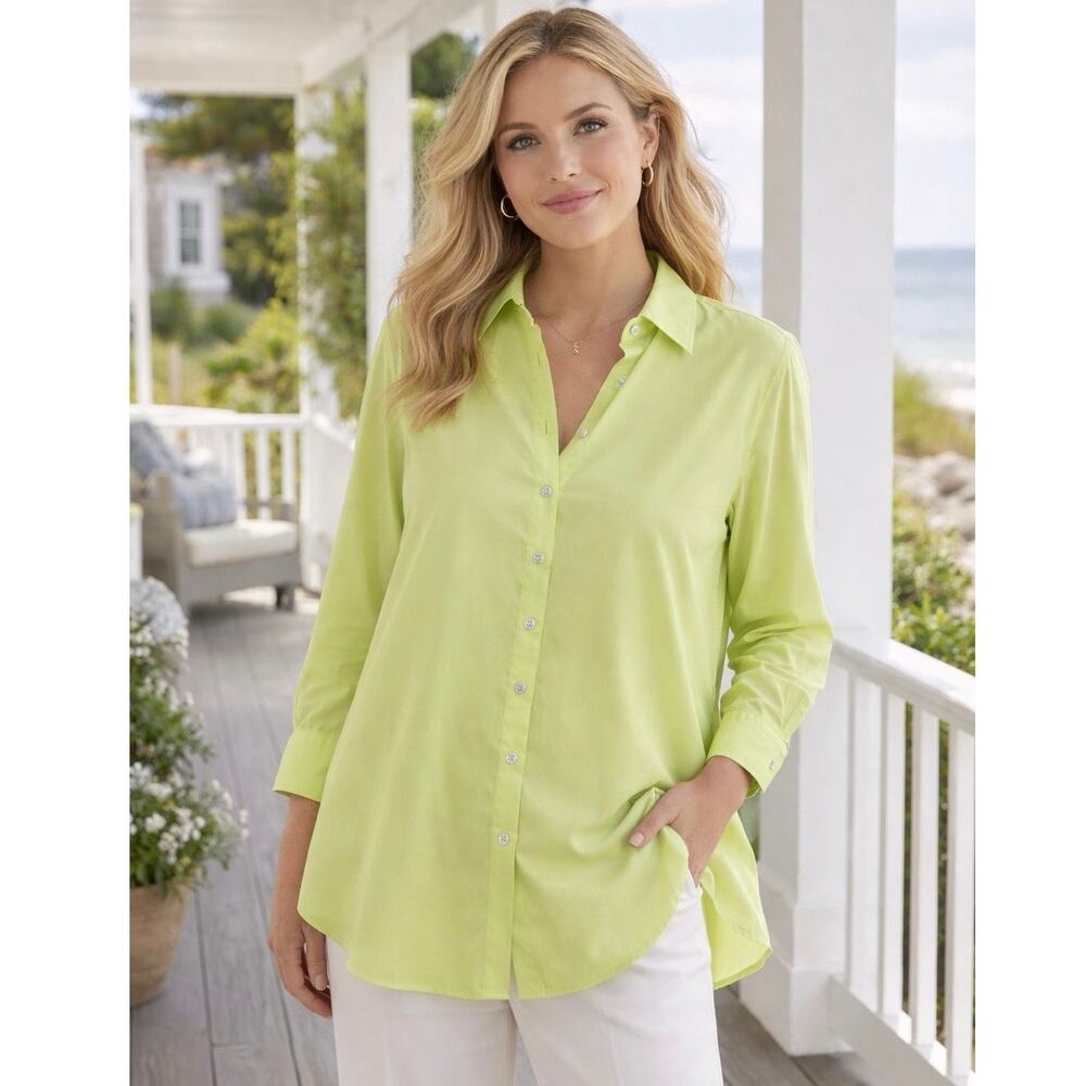 Finley Trapeze Cotton Tunic Top Lime Green Button Down Shirt L